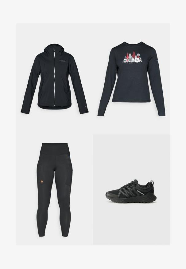 Czarna wodoodporna kurtka z pełnym zamkiem, z odczepianym kapturem i odblaskowymi akcentami. Gładka tekstura, minimalistyczny design, z logo Columbia.; Długie rękawy, ciemnoszara koszula z grafiką czerwonych drzew i gór; logo "COLUMBIA" w wyraźnym białym tekście. Miękka tkanina, standardowy okrągły dekolt.; Czarne legginsy wykonane z elastycznego materiału z wysokim stanem, bocznymi kieszeniami i małą brązową łatką z logo na lewej udzie.; Columbia PEAKFREAK czarny