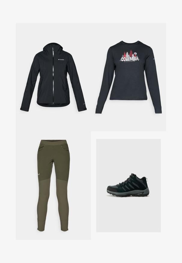 Fekete vízálló dzseki teljes cipzárral, hozzákapcsolt kapucnival és fényvisszaverő részletekkel. Sima textúra, minimalista dizájn, Columbia logóval.; Hosszú ujjú, sötétszürke ing piros fákkal és hegyekkel díszítve; a "COLUMBIA" logó vastag fehér betűkkel. Puha anyag, klasszikus kerek nyakkivágás.; Olíva zöld sportnadrág textúrált dizájnnal, két oldalsó zsebbel, szűk szabással és cipzáros alsó részekkel az állítható lábnyílásokért.; Columbia REDMOND - Túracipők - black/citron haze