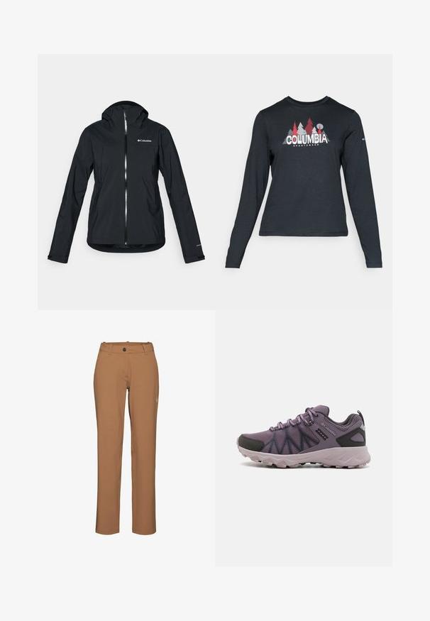 Juodas vandeniui atsparus švarkas su pilna užtrauktuko sistema, pritvirtinta kapišonu ir atspindinčiomis detalėmis. Lygi tekstūra, minimalus dizainas, su "Columbia" logotipu.; Ilga rankovė tamsiai pilka marškinėliai su raudonų medžių ir kalnų grafika; drąsaus baltos spalvos teksto "COLUMBIA" logotipas. Minkšta medžiaga, standartinis apvalus kaklas.; Mammut Lauko kelnės - claystone; Lengvi purpuriniai žygio batai su tinkleliu, juodais akcentais, paminkštintu padu ir tvirtu protektoriumi geresnei sukibimui.