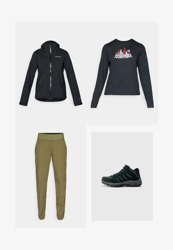 Svart vanntett jakke med full glidelås, festet hette og refleksdetaljer. Glatt tekstur, minimalistisk design med Columbia-logo.; Langermet mørkegrå skjorte med grafikk av røde trær og fjell; "COLUMBIA" logo i fet hvit tekst. Mykt stoff, standard rund hals.; Olivenfargede tapered bukser med elastisk liv, lett stoff og to sidelommer. Har diskret sømmer og oppbrettede hem.; Columbia REDMOND - Fjellsko - black/citron haze