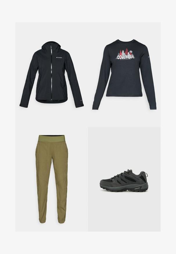 Črna vodoodporna jakna s polnim zadrgo, pritrjeno kapuco in odsevnimi detajli. Gladka tekstura, minimalističen dizajn, ki vključuje logotip Columbia.; Majica z dolgimi rokavi temno siva z grafiko rdečih dreves in gora; logotip "COLUMBIA" v krepki beli barvi. Mehka tkanina, standarden krojen ovratnik.; Olivno zeleni hlače z naramnicami, lahkotna tkanina in dvema stranskima žepoma. Imajo subtilne šive in manšete na koncu.; Columbia REDMOND - Pohodniški čevlji - black/citron haze