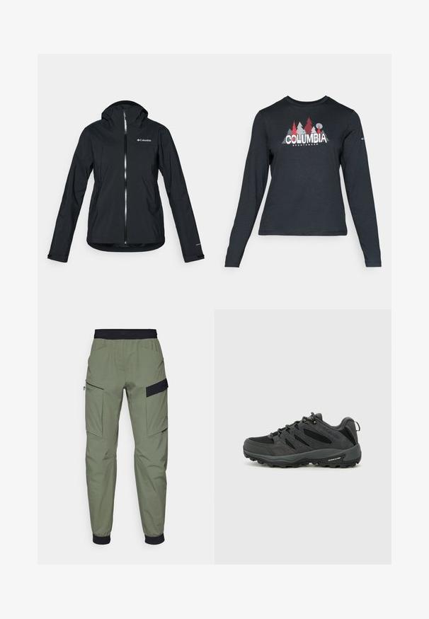 Melna ūdensizturīga jaka ar pilnu rāvējslēdzēju, pievienotu kapuci un atstarojošiem akcentiem. Gluda tekstūra, minimāls dizains, ar Columbia logo.; Tumšs pelēks krekls ar garām piedurknēm, ar grafiku, kurā attēloti sarkani koki un kalni; "COLUMBIA" logo treknā baltā tekstā. Mīksta auduma, standarta apaļa kakla izgriezums.; Gaiši olīvu zaļi kravas bikses, kurām ir melns elastīgs jostasvieta, divas lielas sānu kabatas, un elegants, ūdensizturīgs audums.; Columbia REDMOND - Pārgājienu apavi - black/citron haze