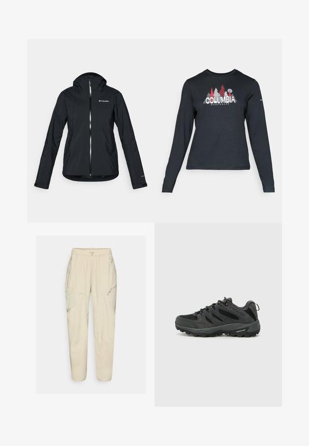 Svart vanntett jakke med full glidelås, festet hette og refleksdetaljer. Glatt tekstur, minimalistisk design med Columbia-logo.; Langermet mørkegrå skjorte med grafikk av røde trær og fjell; "COLUMBIA" logo i fet hvit tekst. Mykt stoff, standard rund hals.; Lys beige cargo bukser med elastisk liv, glidelåslommer og paneldetaljer. Laget av et glatt, lett stoff.; Columbia REDMOND - Fjellsko - black/citron haze