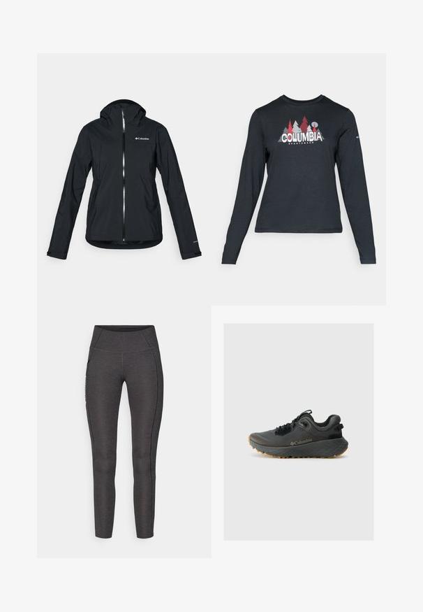 Czarna wodoodporna kurtka z pełnym zamkiem, z odczepianym kapturem i odblaskowymi akcentami. Gładka tekstura, minimalistyczny design, z logo Columbia.; Długie rękawy, ciemnoszara koszula z grafiką czerwonych drzew i gór; logo "COLUMBIA" w wyraźnym białym tekście. Miękka tkanina, standardowy okrągły dekolt.; Legginsy z wysokim stanem w ciemnoszarym kolorze, wykonane z teksturowanej tkaniny. Oferują dopasowany krój oraz boczne kieszenie do przechowywania.; Columbia TERRASTRIDE CRZ ciemnoszary
