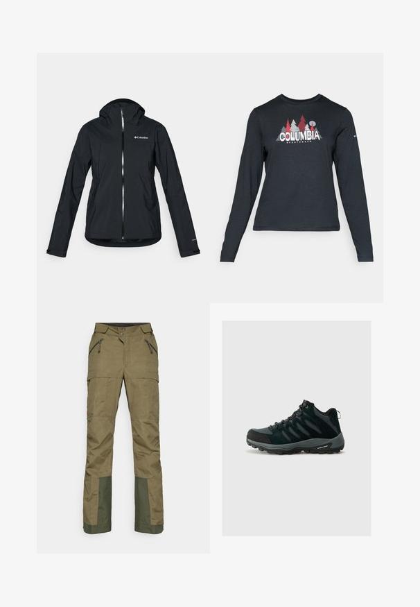 Mustang must-haves vettisooja, täispikk tõmblukk, kinnitatud kapuuts ja peegeldavad aktsendid. Sile tekstuur, minimaalne disain, millel on Columbia logo.; Pikend varrukatega tumehall särk, millel on punaste puude ja mägede graafika; "COLUMBIA" logo julge valge tekstiga. Pehme kangas, tavaline ümmargune kaelus.; Õlivärvi välispüksid, millel on lukuga taskud, nööbiga kinnitus ja allosas tumedamat roheline kangast tugevduse jaoks.; Columbia REDMOND - Matkajalatsid - black/citron haze