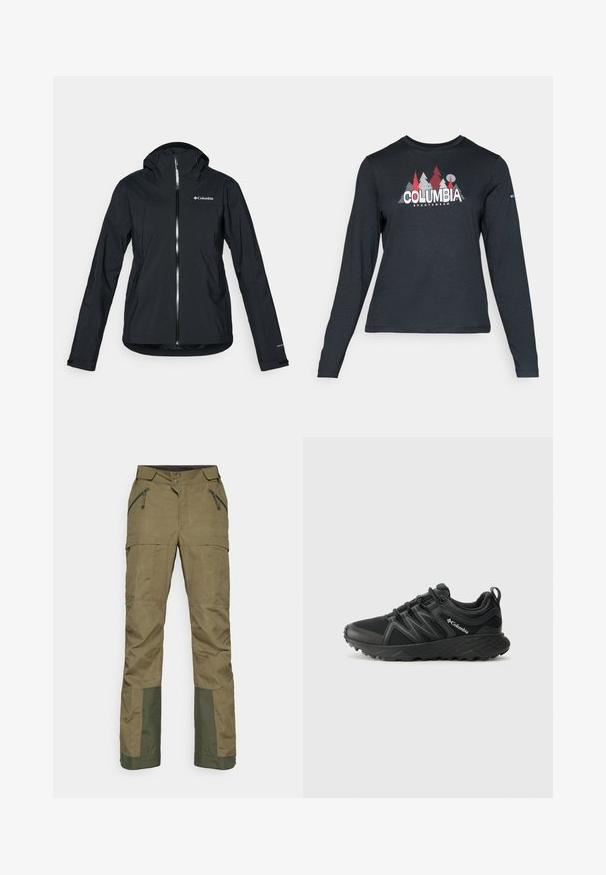 Črna vodoodporna jakna s polnim zadrgo, pritrjeno kapuco in odsevnimi detajli. Gladka tekstura, minimalističen dizajn, ki vključuje logotip Columbia.; Majica z dolgimi rokavi temno siva z grafiko rdečih dreves in gora; logotip "COLUMBIA" v krepki beli barvi. Mehka tkanina, standarden krojen ovratnik.; Olive zelena zunanja hlače z žepom na zadrgo, na gumb zapiranje, ojačan temnejši zeleni material na spodnjem delu nogavic za večjo vzdržljivost.; Columbia PEAKFREAK - Pohodniški čevlji - black