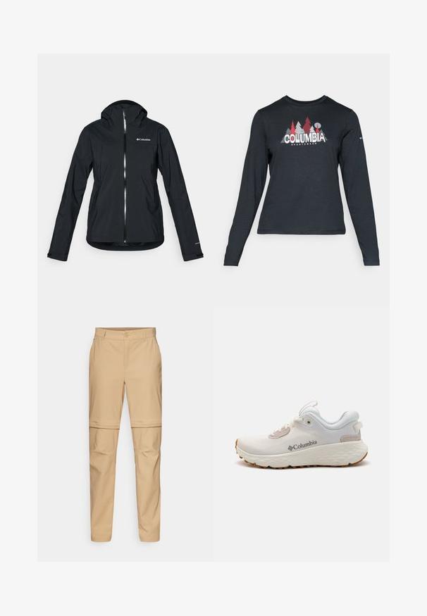 Črna vodoodporna jakna s polnim zadrgo, pritrjeno kapuco in odsevnimi detajli. Gladka tekstura, minimalističen dizajn, ki vključuje logotip Columbia.; Majica z dolgimi rokavi temno siva z grafiko rdečih dreves in gora; logotip "COLUMBIA" v krepki beli barvi. Mehka tkanina, standarden krojen ovratnik.; Bež hlače s cepitvijo, z ravnim sprednjim delom, gumbnim zapiranjem in zoženimi hlačnicami. Iz lahkega materiala z gladko teksturo.; Lahka športna obutev Columbia v beli mreži z teksturiranim sivim podplatom in gumijastim oprijemom. Ima podloženi ovratnik in vezalni dizajn.