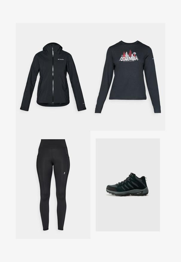 Schwarze wasserdichte Jacke mit durchgehendem Reißverschluss, angebauter Kapuze und reflektierenden Akzenten. Glatte Textur, minimales Design mit dem Columbia-Logo.; Dunkelgraues Langarmshirt mit einem Grafikdesign von roten Bäumen und Bergen; das "COLUMBIA"-Logo in fett weißer Schrift. Weicher Stoff, klassischer Rundhalsausschnitt.; Schwarze, knöchellange Leggings aus dehnbarem Material mit hoher Taille, seitlichen Taschen und einem kleinen Logo am linken Oberschenkel.; Columbia REDMOND - Hikingschuh - black/citron haze
