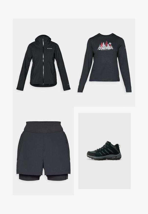 Melna ūdensizturīga jaka ar pilnu rāvējslēdzēju, pievienotu kapuci un atstarojošiem akcentiem. Gluda tekstūra, minimāls dizains, ar Columbia logo.; Tumšs pelēks krekls ar garām piedurknēm, ar grafiku, kurā attēloti sarkani koki un kalni; "COLUMBIA" logo treknā baltā tekstā. Mīksta auduma, standarta apaļa kakla izgriezums.; Melnas sporta šorti ar platām jostām, kas izceļas ar slāņainu dizainu un iekšējiem šortiem. Gluda tekstūra un viegls audums.; Columbia REDMOND - Pārgājienu apavi - black/citron haze
