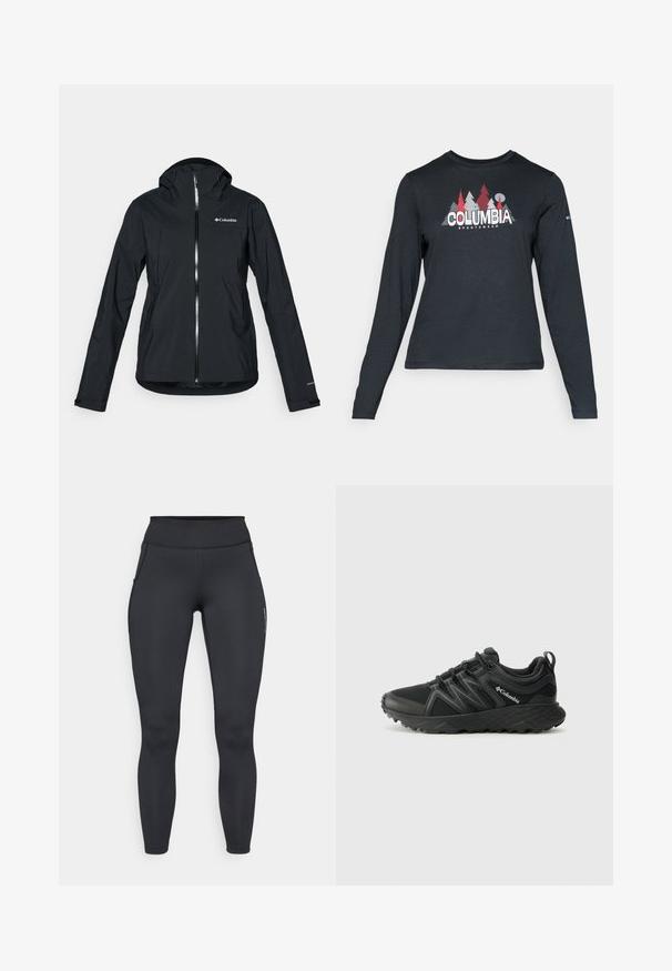 Zwarte waterdichte jas met een volledige rits, aangehechte capuchon en reflecterende accenten. Gladde textuur, minimalistisch ontwerp met het Columbia-logo.; Langsluitend donkergrijs shirt met lange mouwen, versierd met een grafisch ontwerp van rode bomen en bergen; het "COLUMBIA"-logo in vet witte tekst. Zacht materiaal, standaard ronde hals.; Zwarte sportlegging met een hoge tailleband, een gladde textuur en zijzakken. Bevat zichtbare stiksels en een merklogo op het been.; Columbia PEAKFREAK - Outdoorschoenen - black