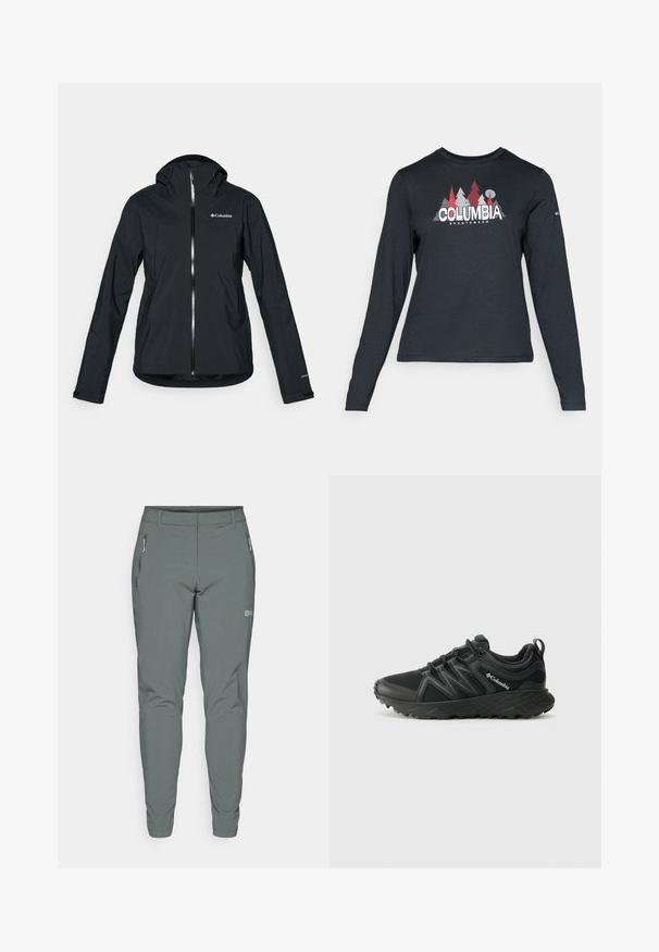 Czarna wodoodporna kurtka z pełnym zamkiem, z odczepianym kapturem i odblaskowymi akcentami. Gładka tekstura, minimalistyczny design, z logo Columbia.; Długie rękawy, ciemnoszara koszula z grafiką czerwonych drzew i gór; logo "COLUMBIA" w wyraźnym białym tekście. Miękka tkanina, standardowy okrągły dekolt.; Szare spodnie outdoorowe wykonane z lekkiego, trwałego materiału. Posiadają zamykane na zamek kieszenie boczne oraz slim fit z tapered nogawkami.; Columbia PEAKFREAK czarny