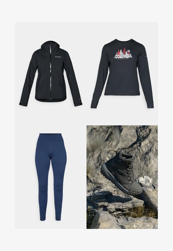 Črna vodoodporna jakna s polnim zadrgo, pritrjeno kapuco in odsevnimi detajli. Gladka tekstura, minimalističen dizajn, ki vključuje logotip Columbia.; Majica z dolgimi rokavi temno siva z grafiko rdečih dreves in gora; logotip "COLUMBIA" v krepki beli barvi. Mehka tkanina, standarden krojen ovratnik.; Temno modri legginsi iz raztegljive tkanine, z visokim pasom in stransko žepom. Gladka tekstura z ravnimi šivi.; Temno sivi pohodna čevlja iz sintetičnega materiala, z oblazinjenim ovratnikom, kovinskimi očesi in teksturirano gumijasto podplato za oprijem.