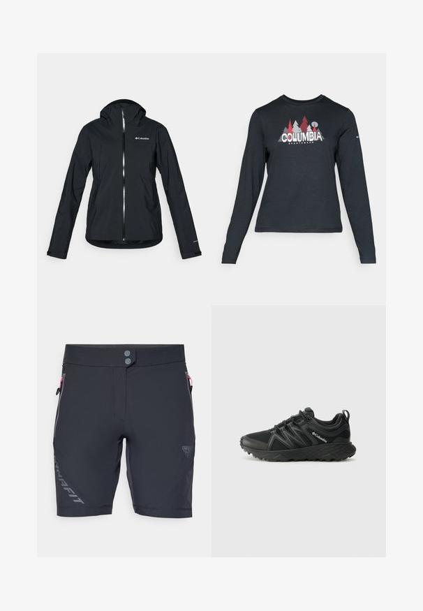 Juodas vandeniui atsparus švarkas su pilna užtrauktuko sistema, pritvirtinta kapišonu ir atspindinčiomis detalėmis. Lygi tekstūra, minimalus dizainas, su "Columbia" logotipu.; Ilga rankovė tamsiai pilka marškinėliai su raudonų medžių ir kalnų grafika; drąsaus baltos spalvos teksto "COLUMBIA" logotipas. Minkšta medžiaga, standartinis apvalus kaklas.; Juodi sportiniai šortai su lygiu paviršiumi, su dviem priekiniais mygtukais, užtrauktukais šoninėse kišenėse ir spausdintu logotipu vienoje pusėje.; Columbia PEAKFREAK - Turistiniai batai - black