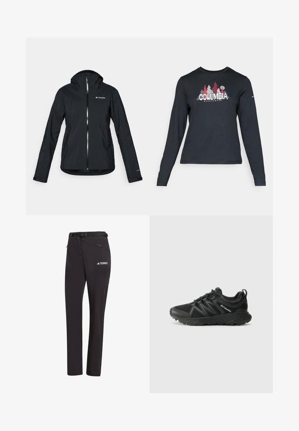 Mustat vedenpitävät takki, jossa on täysipitkä vetoketju, irrotettava huppu ja heijastavat yksityiskohdat. Tasainen pinta, minimalistinen muotoilu, jossa on Columbia-logo.; Tummanharmaa pitkähihaisen paidan graafinen kuva punaisista puista ja vuorista; "COLUMBIA" -logo lihavoituna valkoisella tekstillä. Pehmeä kangas, normaali pyöreä kaula-aukko.; Mustat vaellushousut, joissa on vyö, vetoketjulliset taskut ja logo. Valmistettu kevyestä, joustavasta kankaasta, joka mahdollistaa liikkumisen vaivattomasti.; Columbia PEAKFREAK - Vaelluskengät - black