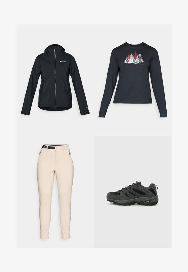 Schwarze wasserdichte Jacke mit durchgehendem Reißverschluss, angebauter Kapuze und reflektierenden Akzenten. Glatte Textur, minimales Design mit dem Columbia-Logo.; Dunkelgraues Langarmshirt mit einem Grafikdesign von roten Bäumen und Bergen; das "COLUMBIA"-Logo in fett weißer Schrift. Weicher Stoff, klassischer Rundhalsausschnitt.; Beige, taillierte Hose aus strukturiertem Material. Verfügt über einen schwarzen, verstellbaren Bund und seitliche Reißverschlusstaschen.; Columbia REDMOND - Hikingschuh - black/citron haze