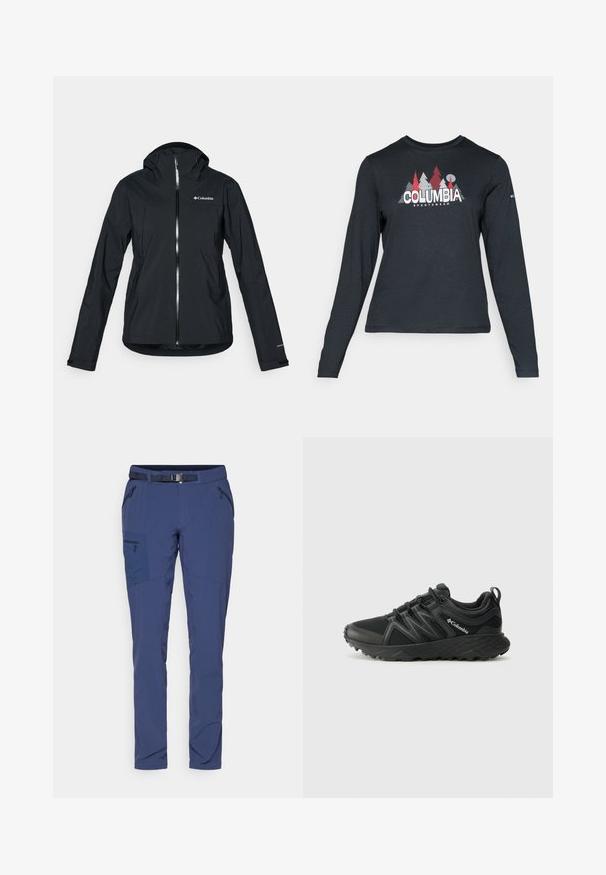 Casaco impermeável preto com fecho de correr completo, capuz integrado e detalhes reflectores. Textura suave, design minimalista, apresentando o logo da Columbia.; Camisa de mangas longas cinza escuro com um gráfico de árvores vermelhas e montanhas; logótipo "COLUMBIA" em texto branco em negrito. Tecido suave, cuello redondo padrão.; Calças exteriores azul marinho com um design ajustado, apresentando vários bolsos, um cinto e áreas reforçadas para durabilidade. Tecido elástico.; Columbia PEAKFREAK - Sapatos de caminhada - black