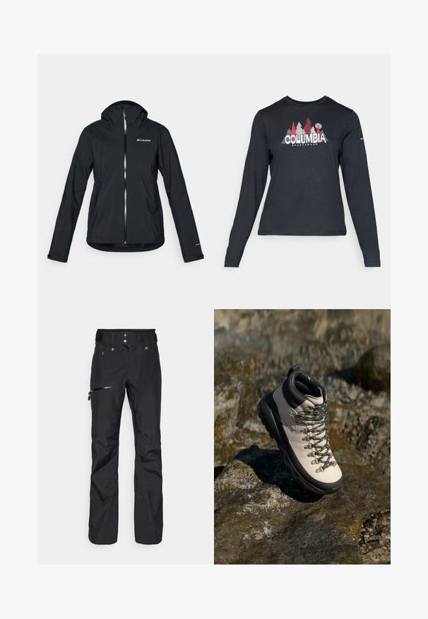Melna ūdensizturīga jaka ar pilnu rāvējslēdzēju, pievienotu kapuci un atstarojošiem akcentiem. Gluda tekstūra, minimāls dizains, ar Columbia logo.; Tumšs pelēks krekls ar garām piedurknēm, ar grafiku, kurā attēloti sarkani koki un kalni; "COLUMBIA" logo treknā baltā tekstā. Mīksta auduma, standarta apaļa kakla izgriezums.; Melni āra bikses, izgatavotas no ūdensizturīga materiāla, ar kabatu ar rāvējslēdzēju sānos un regulējamu jostasvietu, lai nodrošinātu drošu piegulšanu.; Gai bēša pārgājiena zābaks ar melnu gumijas zoli, elastīgu virsu, metāla aciņām un pelēkām šņorēm, novietots uz akmeņainas virsmas.