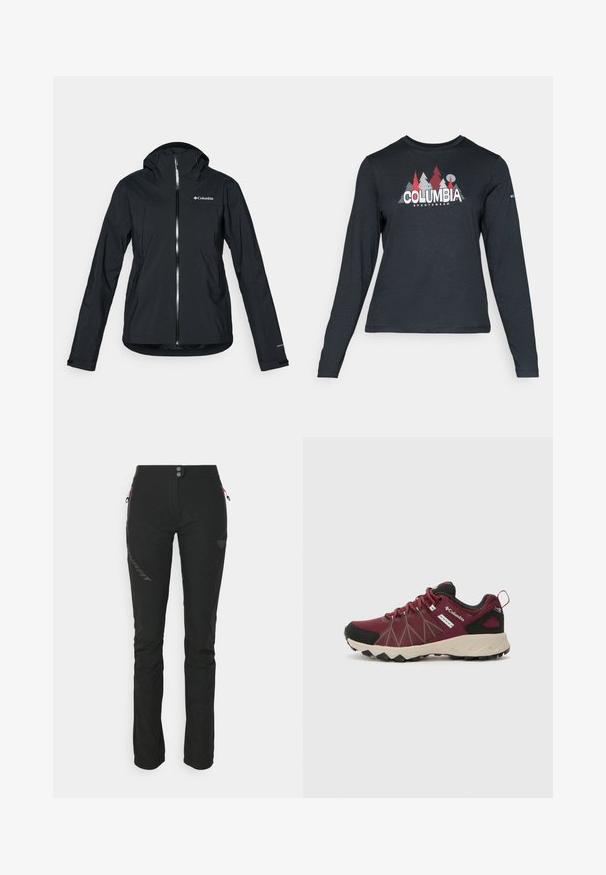 Svart vanntett jakke med full glidelås, festet hette og refleksdetaljer. Glatt tekstur, minimalistisk design med Columbia-logo.; Langermet mørkegrå skjorte med grafikk av røde trær og fjell; "COLUMBIA" logo i fet hvit tekst. Mykt stoff, standard rund hals.; Svart utendørsbukser laget av elastisk stoff med slim fit. Har to glidelåslommer, logodetalj og kontrasterende rosa glidelåsdetaljer.; Columbia PEAKFREAK™ II OUTDRY™ - Fjellsko - deep madeira/white peach