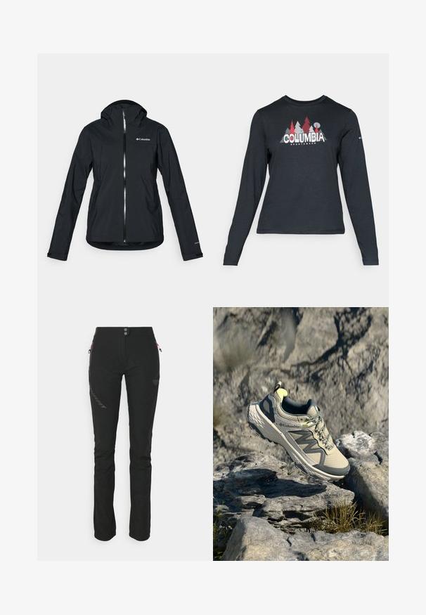 Mustang must-haves vettisooja, täispikk tõmblukk, kinnitatud kapuuts ja peegeldavad aktsendid. Sile tekstuur, minimaalne disain, millel on Columbia logo.; Pikend varrukatega tumehall särk, millel on punaste puude ja mägede graafika; "COLUMBIA" logo julge valge tekstiga. Pehme kangas, tavaline ümmargune kaelus.; Mustamudased välispüksid, mis on valmistatud venivast kangast ja kitsastest lõikes. Omavad kahte lukuga taskut, logodetaili ja kontrastset roosa värvi lukkude aktsenti.; Columbia jooksutossud heledas beežis ja hallis. Võrk ülemine osa tekstuuri detailidega, kummist välistald ja peegeldavad aktsendid. Kerge disain.