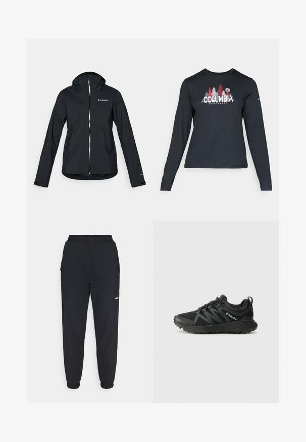 Zwarte waterdichte jas met een volledige rits, aangehechte capuchon en reflecterende accenten. Gladde textuur, minimalistisch ontwerp met het Columbia-logo.; Langsluitend donkergrijs shirt met lange mouwen, versierd met een grafisch ontwerp van rode bomen en bergen; het "COLUMBIA"-logo in vet witte tekst. Zacht materiaal, standaard ronde hals.; Zwarte fleece joggers met een elastische tailleband, taps toelopende benen, zijzakken en een klein wit logo op het linkerbeen.; Columbia PEAKFREAK - Outdoorschoenen - black