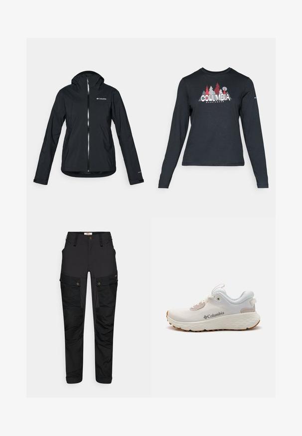 Black waterproof jacket with a full zipper, attached hood, and reflective accents. Smooth texture, minimal design, featuring the Columbia logo.; Long-sleeve dark gray shirt with a graphic of red trees and mountains; "COLUMBIA" logo in bold white text. Soft fabric, standard crew neck.; Black cargo pants made of durable fabric, featuring multiple pockets, a zip fly, and a flat waistband. Textured knee and side details.; Lightweight Columbia athletic shoe in white mesh with a textured gray sole and rubber traction. Features a padded collar and lace-up design.