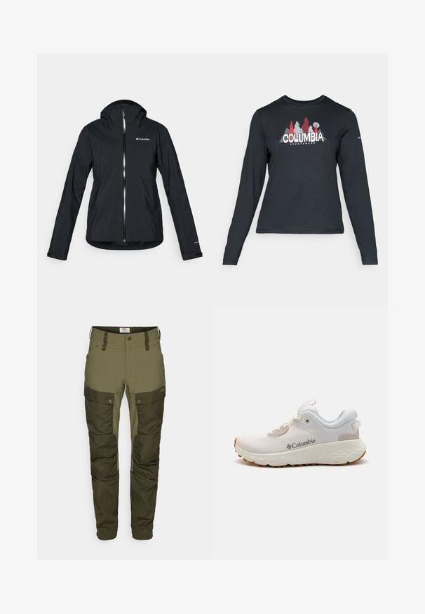 Crna vodootporna jakna s punim zatvaračem, pričvršćenim kapuljačom i reflektirajućim detaljima. Glatka tekstura, minimalistički dizajn, s logotipom Columbia.; Majica dugih rukava tamnosive boje s grafikom crvenih drveća i planina; logo "COLUMBIA" u podebljanom bijelom tekstu. Mekana tkanina, standardni okrugli izrez.; Zelene hlače za vanjsku upotrebu izrađene od izdržljivog materijala, sa cargo džepovima, prilagođenim gornjim dijelom i teksturnim varijacijama na donjem dijelu nogu.; Lagani atletski cipele Columbia izrađene od bijele mrežaste tkanine s teksturiranom sivom potplatom i gumom za bolje prianjanje. Imaju podstavljeni ovratnik i dizajn s vezicama.