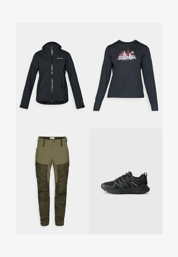 Črna vodoodporna jakna s polnim zadrgo, pritrjeno kapuco in odsevnimi detajli. Gladka tekstura, minimalističen dizajn, ki vključuje logotip Columbia.; Majica z dolgimi rokavi temno siva z grafiko rdečih dreves in gora; logotip "COLUMBIA" v krepki beli barvi. Mehka tkanina, standarden krojen ovratnik.; Zelene hlače za prosti čas iz trpežnega materiala, opremljene s cargo žepi, prilegajočim vrhom in različnimi teksturami na spodnjem delu nog. ; Columbia PEAKFREAK - Pohodniški čevlji - black