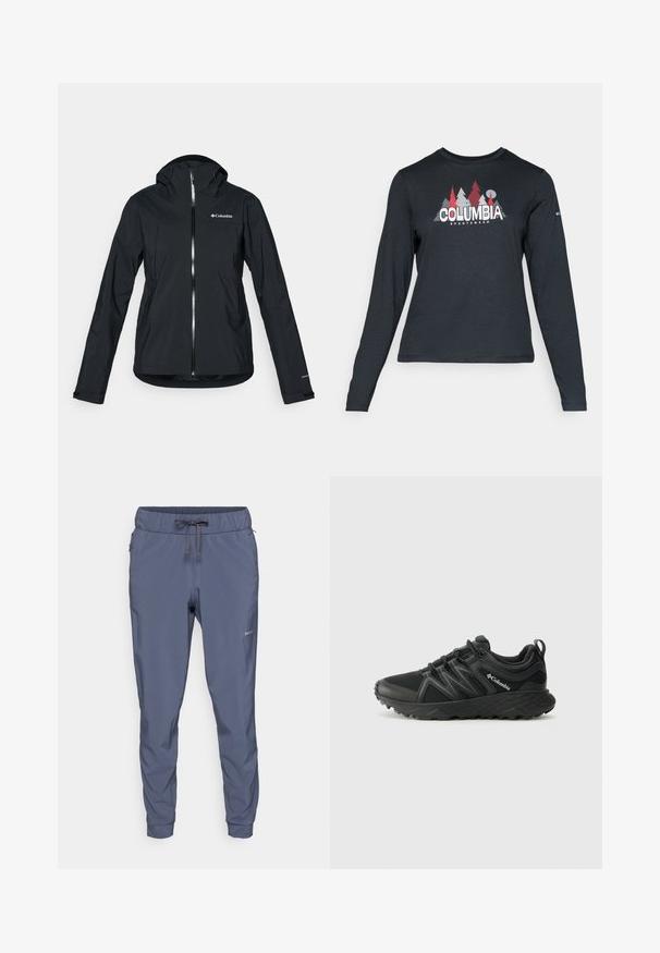 Casaco impermeável preto com fecho de correr completo, capuz integrado e detalhes reflectores. Textura suave, design minimalista, apresentando o logo da Columbia.; Camisa de mangas longas cinza escuro com um gráfico de árvores vermelhas e montanhas; logótipo "COLUMBIA" em texto branco em negrito. Tecido suave, cuello redondo padrão.; Patagonia TERREBONNE JOGGERS - Calças para exterior - smolder blue; Columbia PEAKFREAK - Sapatos de caminhada - black