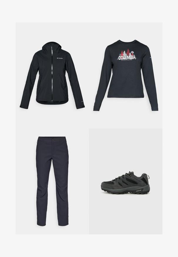 Czarna wodoodporna kurtka z pełnym zamkiem, z odczepianym kapturem i odblaskowymi akcentami. Gładka tekstura, minimalistyczny design, z logo Columbia.; Długie rękawy, ciemnoszara koszula z grafiką czerwonych drzew i gór; logo "COLUMBIA" w wyraźnym białym tekście. Miękka tkanina, standardowy okrągły dekolt.; Granatowe spodnie wykonane z gładkiego materiału, z zapięciem na guziki z przodu, wąskim kroju oraz detalami w postaci prasowania na kolanach.; Columbia REDMOND czarny