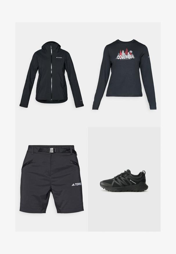 Casaco impermeável preto com fecho de correr completo, capuz integrado e detalhes reflectores. Textura suave, design minimalista, apresentando o logo da Columbia.; Camisa de mangas longas cinza escuro com um gráfico de árvores vermelhas e montanhas; logótipo "COLUMBIA" em texto branco em negrito. Tecido suave, cuello redondo padrão.; Bermudas pretas para uso exterior feitas de um tecido leve. Apresenta dois bolsos com fecho éclair e um cinto preto com uma fivela retangular. Inclui o logótipo TERREX.; Columbia PEAKFREAK - Sapatos de caminhada - black