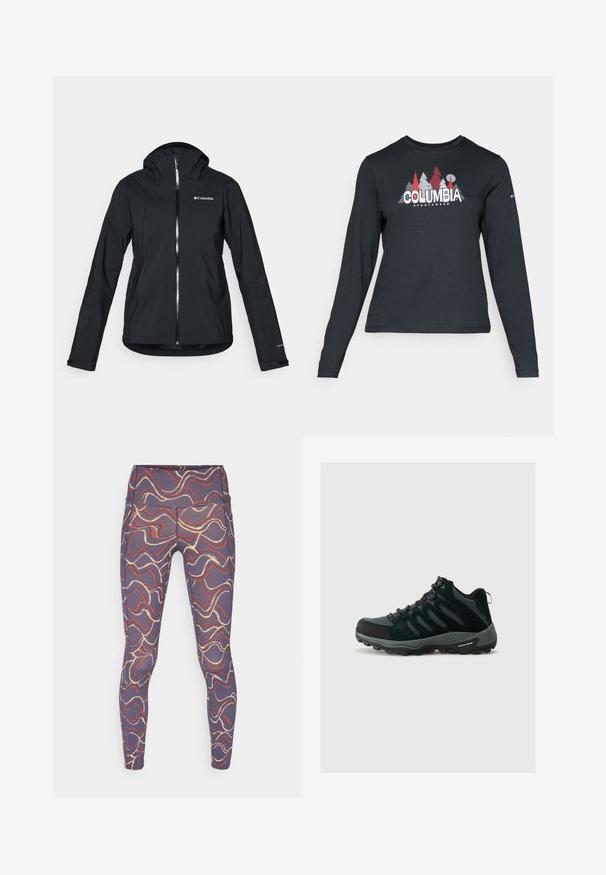 Casaco impermeável preto com fecho de correr completo, capuz integrado e detalhes reflectores. Textura suave, design minimalista, apresentando o logo da Columbia.; Camisa de mangas longas cinza escuro com um gráfico de árvores vermelhas e montanhas; logótipo "COLUMBIA" em texto branco em negrito. Tecido suave, cuello redondo padrão.; Patagonia MAIPO 7/8 STASH TIGHTS - Leggings - smolder blue; Columbia REDMOND - Sapatos de caminhada - black/citron haze