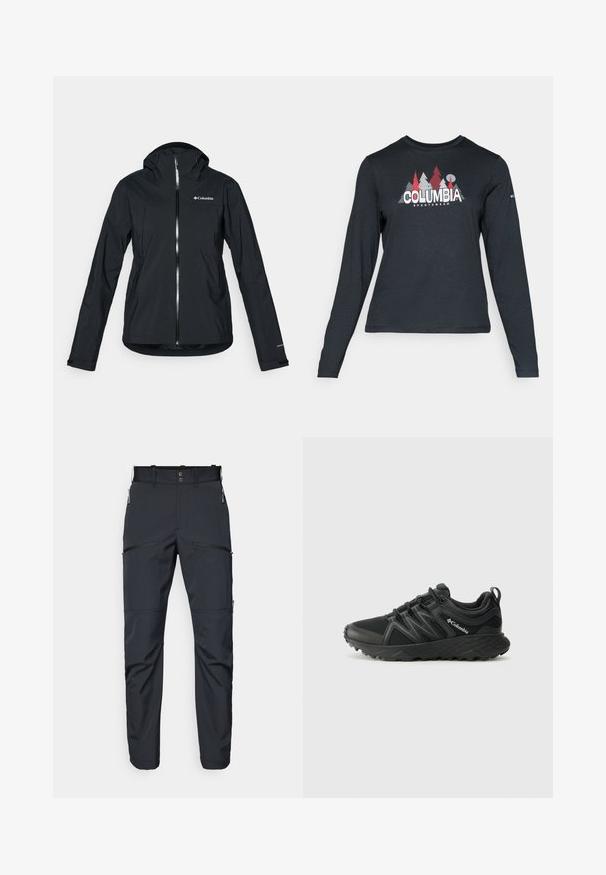 Črna vodoodporna jakna s polnim zadrgo, pritrjeno kapuco in odsevnimi detajli. Gladka tekstura, minimalističen dizajn, ki vključuje logotip Columbia.; Majica z dolgimi rokavi temno siva z grafiko rdečih dreves in gora; logotip "COLUMBIA" v krepki beli barvi. Mehka tkanina, standarden krojen ovratnik.; Temno sive hlače, narejene iz lahkotnega, gladkega materiala. Značilnosti vključujejo žepe na zadrgo in raven sprednji del z zankami za pas.; Columbia PEAKFREAK - Pohodniški čevlji - black