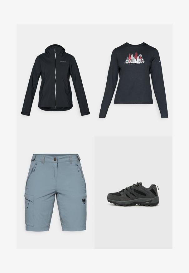 Svart vattentålig jacka med hela dragkedjan, fästad huva och reflektionsdetaljer. Slät textur, minimalistisk design med Columbia-logotypen.; Långärmad mörkgrå tröja med grafik av röda träd och berg; "COLUMBIA"-logotyp i fet vit text. Mjukt tyg, standard rund hals.; Ljusblå cargoshorts i ett lätt material, med en dragkedjeficka på sidan och en logotyp patch på den nedre benet.; Columbia REDMOND - Hikingskor - black/citron haze