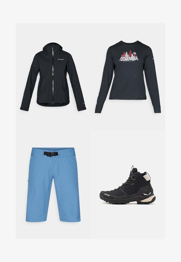 Melna ūdensizturīga jaka ar pilnu rāvējslēdzēju, pievienotu kapuci un atstarojošiem akcentiem. Gluda tekstūra, minimāls dizains, ar Columbia logo.; Tumšs pelēks krekls ar garām piedurknēm, ar grafiku, kurā attēloti sarkani koki un kalni; "COLUMBIA" logo treknā baltā tekstā. Mīksta auduma, standarta apaļa kakla izgriezums.; Gaiši zili pārgājienu šorti ar plakanu jostu, regulējamu jostu un sānu kabatām. Izgatavoti no gludas, elpojošas materiāla, ceļa garuma dizains.; Salewa PUEZ MID PTX - Pārgājienu apavi - black