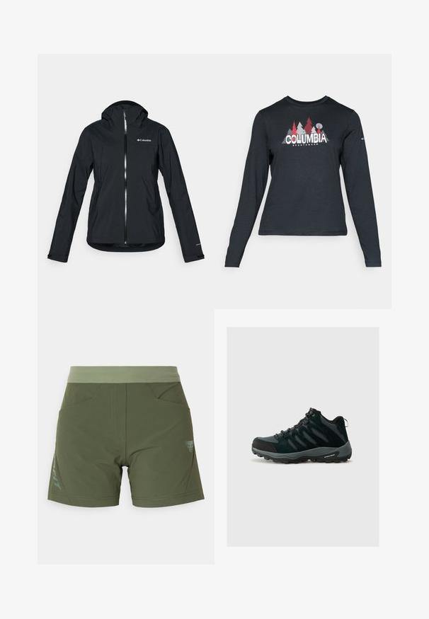 Svart vanntett jakke med full glidelås, festet hette og refleksdetaljer. Glatt tekstur, minimalistisk design med Columbia-logo.; Langermet mørkegrå skjorte med grafikk av røde trær og fjell; "COLUMBIA" logo i fet hvit tekst. Mykt stoff, standard rund hals.; Olivengrønne shorts med elastisk talje, to forlommer og logoaccent på venstre side. Glat tekstur og skræddersyet pasform.; Columbia REDMOND - Fjellsko - black/citron haze