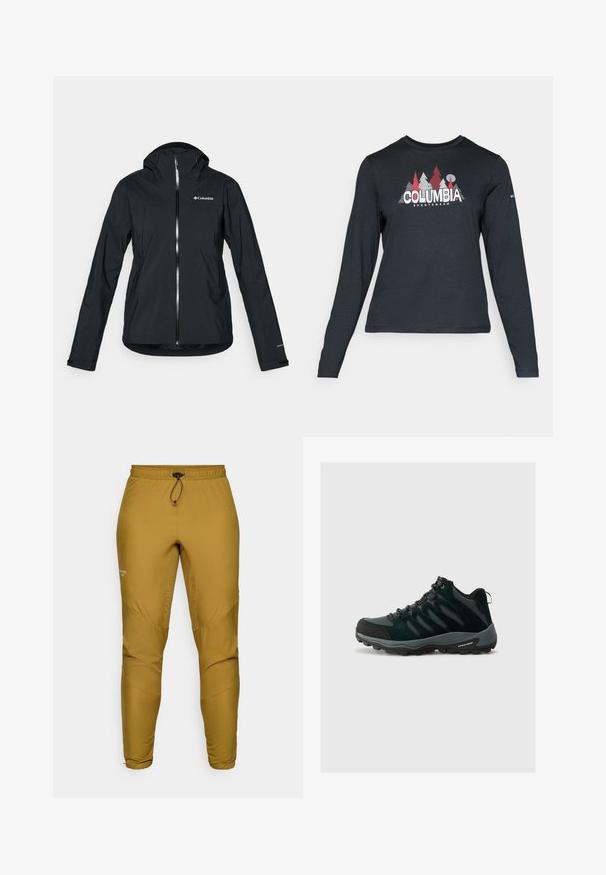 Črna vodoodporna jakna s polnim zadrgo, pritrjeno kapuco in odsevnimi detajli. Gladka tekstura, minimalističen dizajn, ki vključuje logotip Columbia.; Majica z dolgimi rokavi temno siva z grafiko rdečih dreves in gora; logotip "COLUMBIA" v krepki beli barvi. Mehka tkanina, standarden krojen ovratnik.; Lahke, rumeno obarvane hlače iz sintetičnega materiala, z elastičnim pasom in vrvico ter ožjimi nogami s panelnimi detajli.; Columbia REDMOND - Pohodniški čevlji - black/citron haze