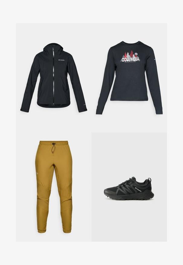 Crna vodootporna jakna s punim zatvaračem, pričvršćenim kapuljačom i reflektirajućim detaljima. Glatka tekstura, minimalistički dizajn, s logotipom Columbia.; Majica dugih rukava tamnosive boje s grafikom crvenih drveća i planina; logo "COLUMBIA" u podebljanom bijelom tekstu. Mekana tkanina, standardni okrugli izrez.; Lagane hlače boje senfa od sintetičkog materijala, s elastičnim pojasom i vezicom te sužavajućim nogavicama s detaljima od panela.; Columbia PEAKFREAK - Obuća za pješačenje - black