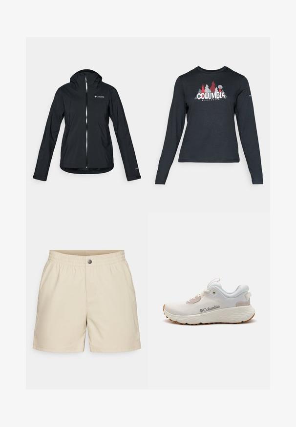 Casaco impermeável preto com fecho de correr completo, capuz integrado e detalhes reflectores. Textura suave, design minimalista, apresentando o logo da Columbia.; Camisa de mangas longas cinza escuro com um gráfico de árvores vermelhas e montanhas; logótipo "COLUMBIA" em texto branco em negrito. Tecido suave, cuello redondo padrão.; Bermudas bege feitas de um tecido leve, com um cós elástico, bolsos frontais e um único fecho de pressão, apresentando uma textura suave.; Sapatilha atlética leve da Columbia em malha branca com uma sola cinza texturizada e tração em borracha. Apresenta um colarinho acolchoado e um design com atacadores.