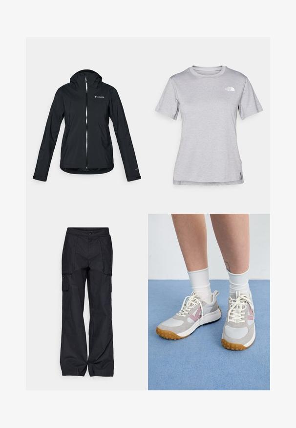 Veste noire imperméable avec une fermeture éclair intégrale, capuche attachée et accents réfléchissants. Texture lisse, design minimaliste, arborant le logo Columbia.; T-shirt gris à manches courtes fabriqué en tissu doux et évacuant l'humidité. Il présente un col rond et un petit logo blanc en haut à gauche.; Columbia BREA FALLS™ COTTON RIPSTOP PANT - Pantalons outdoor - black; Baskets gris clair avec des accents roses, des panneaux en cuir blanc et une semelle en caoutchouc texturé. Les lacets sont crème et les chaussettes sont blanches.