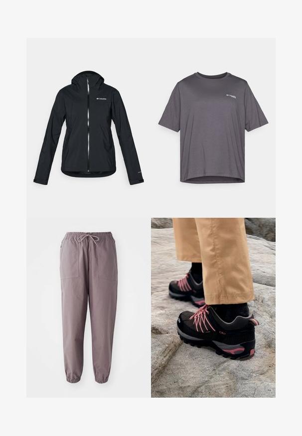 Schwarze wasserdichte Jacke mit durchgehendem Reißverschluss, angebauter Kapuze und reflektierenden Akzenten. Glatte Textur, minimales Design mit dem Columbia-Logo.; Kurzärmliges graues T-Shirt aus glattem Stoff. Verfügt über einen runden Halsausschnitt und ein kleines Logo, das auf der Brust gedruckt ist.; Graue elastische Hosen mit einem Kordelzug, ausgestattet mit zwei Vordertaschen und schmal zulaufenden Knöcheln, vor einem weißen Hintergrund präsentiert.; Schwarze und graue Wanderschuhe mit pinken Akzenten, ausgestattet mit einem strukturierten Obermaterial, einer verstärkten Zehenkappe und einer robusten Profilsohle, die auf felsigem Gelände liegen.
