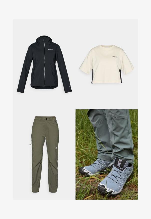 Fekete vízálló dzseki teljes cipzárral, hozzákapcsolt kapucnival és fényvisszaverő részletekkel. Sima textúra, minimalista dizájn, Columbia logóval.; Krém színű, rövid fazonú póló, kerek nyakkal és rövid ujjakkal, fekete oldalsávokkal; kis fekete logóval a mellen.; The North Face EXPLORATION PANTS - Szabadtéri nadrágok - new taupe green; Szürke terepfutó cipők érdes felsőrésszel, fekete fűzőkkel és strapabíró talppal, zöld, testre simuló nadrággal párosítva, fűvel borított területen.