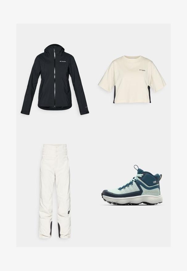 Čierna nepremokavá bunda s plným zipsom, pripevnenou kapucňou a reflexnými akcentmi. Hladká textúra, minimalistický dizajn s logom Columbia.; Krémové skrátené tričko s okrúhlym výstrihom, krátkymi rukávmi a čiernymi bočnými panelmi; obsahuje malé čierne logo na hrudi.; Biele snehové nohavice s vysokým, zberaným pásom, dvoma prednými vreckami a čiernymi akcentmi na lemoch. Vyrobené z hladkého, poveternostným podmienkam odolného materiálu.; Pánska turistická obuv v svetlej teal a námorníckej modrej. Disponuje textúrovaným zvrškom, tvarovanou gumennou špičkou a agresívnym podošvou pre trakciu.
