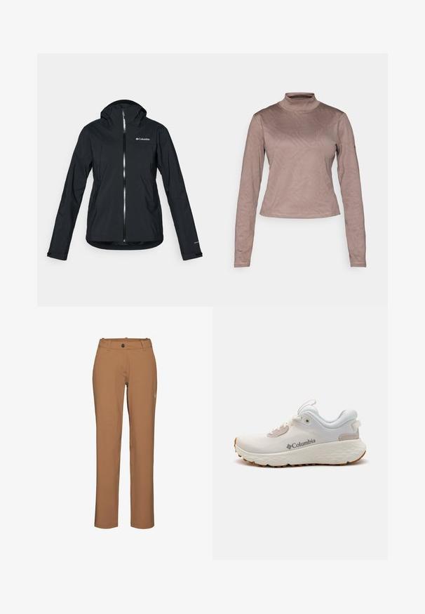 Mustang must-haves vettisooja, täispikk tõmblukk, kinnitatud kapuuts ja peegeldavad aktsendid. Sile tekstuur, minimaalne disain, millel on Columbia logo.; Columbia GRANITE POINT™ - Pikkade varrukatega topp - iron; Mammut Õuepüksid - claystone; Kerged Columbia spordijalanõud valgest võrgust, millel on tekstureeritud hall tall ja kummist haardepind. Omaduseks on polsterdatud krae ja nööridega kinnitussüsteem.