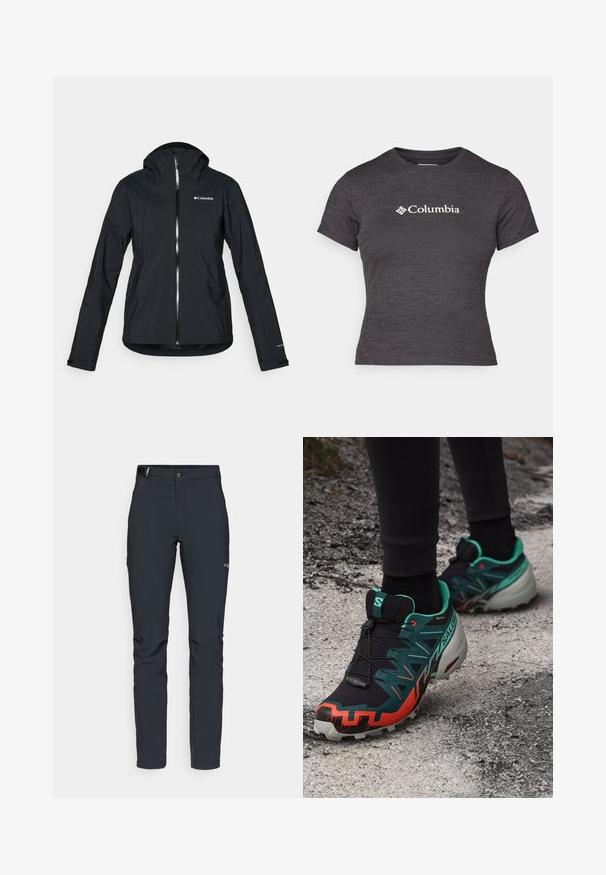 Svart vanntett jakke med full glidelås, festet hette og refleksdetaljer. Glatt tekstur, minimalistisk design med Columbia-logo.; Mørk grå kortermet t-skjorte laget av teksturert stoff med rund hals, med en hvit Columbia-logo over brystet.; Herre utendørsbukser, mørkegrå, laget av fleksibelt materiale, med belte, glidelåslommer og forsterkede sømmer.; Salomon SPEEDCROSS 6 GTX - Løpesko for mark - black/electric green/cherry tomato