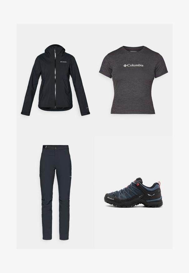 Sort vandtæt jakke med fuld lynlås, fast hætte og reflekterende detaljer. Glat tekstur, minimalistisk design med Columbia-logoet.; Mørkegrå kortærmet t-shirt lavet af tekstureret stof med rund hals, der har et hvidt Columbia-logo på tværs af brystet.; Herrers udendørsbukser, mørkegrå, lavet af fleksibelt materiale, med bælte, lynlåslommer og forstærkede syninger.; Herresko til vandreture med en overdel i sort og blå mesh, gummitåspids og røde detaljer. Har en tekstureret sål for bedre greb og stabilitet.