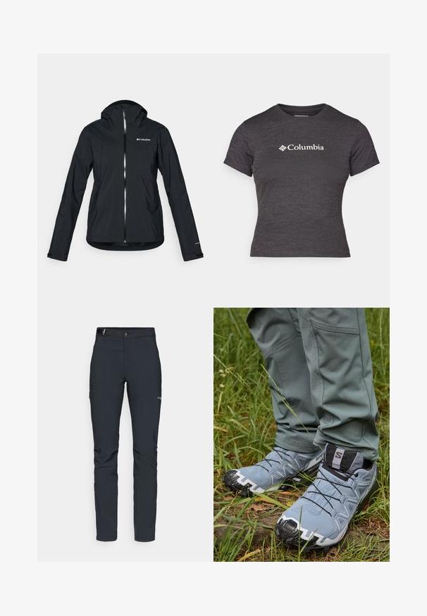 Svart vanntett jakke med full glidelås, festet hette og refleksdetaljer. Glatt tekstur, minimalistisk design med Columbia-logo.; Mørk grå kortermet t-skjorte laget av teksturert stoff med rund hals, med en hvit Columbia-logo over brystet.; Herre utendørsbukser, mørkegrå, laget av fleksibelt materiale, med belte, glidelåslommer og forsterkede sømmer.; Grå terrengløpesko med teksturert overdel, svarte snøringer og en robust såle, kombinert med tettsittende grønne bukser i gressland.