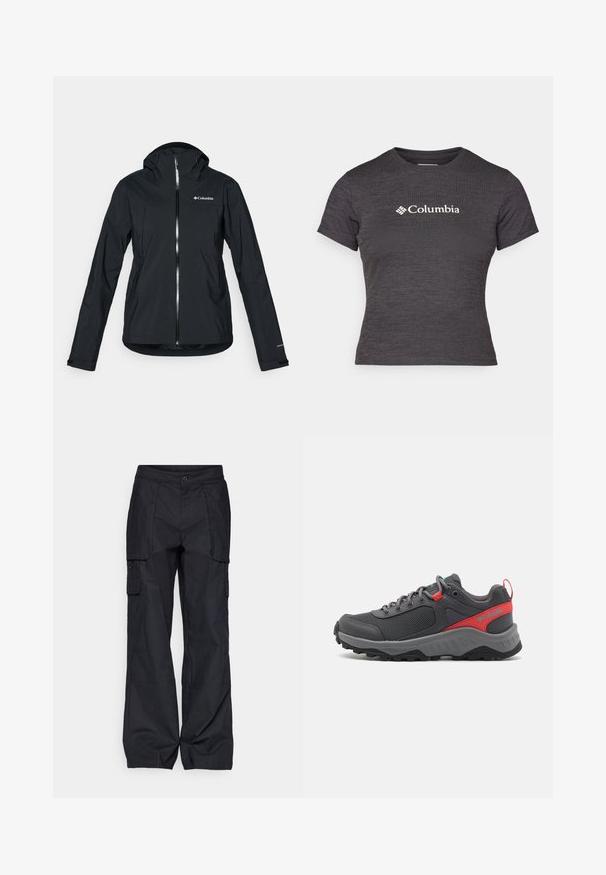 Svart vanntett jakke med full glidelås, festet hette og refleksdetaljer. Glatt tekstur, minimalistisk design med Columbia-logo.; Mørk grå kortermet t-skjorte laget av teksturert stoff med rund hals, med en hvit Columbia-logo over brystet.; Columbia BREA FALLS™ COTTON RIPSTOP PANT - Friluftsbukser - black; Grå utendørs sneaker med mesh-overdel, røde og akvablu nyanser, runde snører, polstret såle og robust svart gummisåle for godt grep.