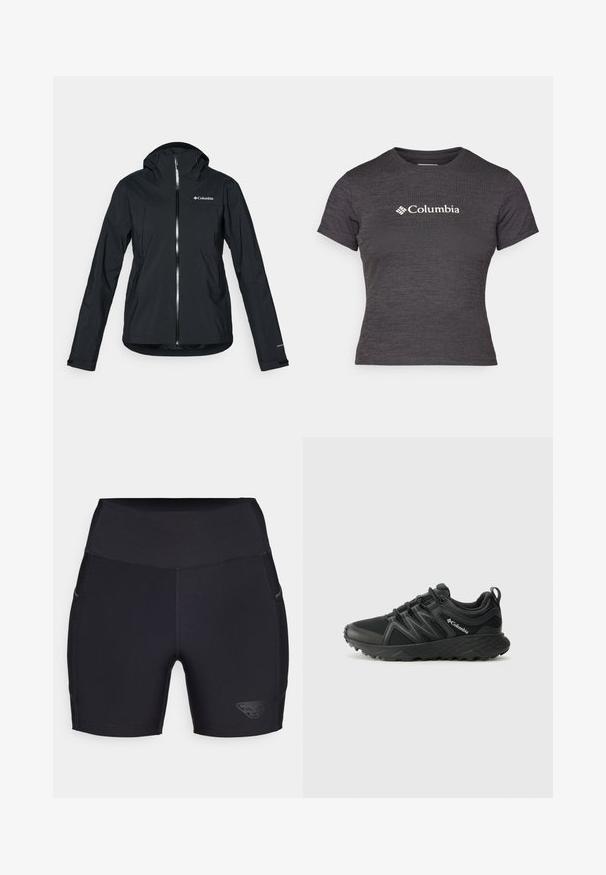 Svart vanntett jakke med full glidelås, festet hette og refleksdetaljer. Glatt tekstur, minimalistisk design med Columbia-logo.; Mørk grå kortermet t-skjorte laget av teksturert stoff med rund hals, med en hvit Columbia-logo over brystet.; Sorte treningsshorts med høy midje, laget av elastisk stoff. Egenskaper inkluderer logo på siden og diskrete sidelommer.; Columbia PEAKFREAK - Fjellsko - black
