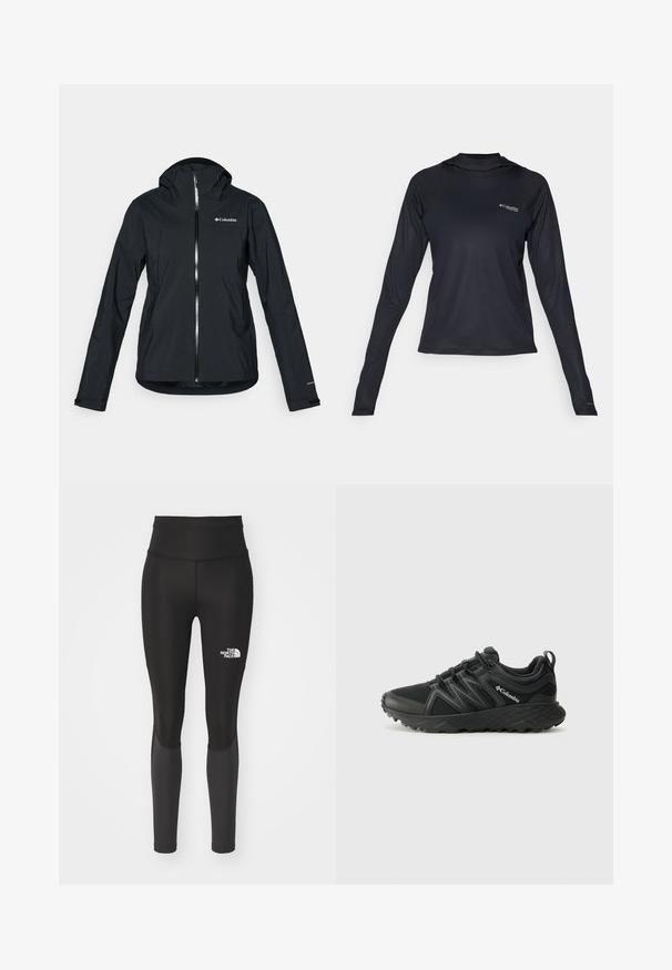 Jachetă neagră, impermeabilă, cu fermoar complet, glugă atașată și accente reflective. Textură netedă, design minimal, ce prezintă logo-ul Columbia.; Cămașă sport de lungă mână, de culoare neagră, fabricată dintr-un material ușor și respirabil. Prezintă un guler rotund și logo-ul Columbia pe față.; The North Face TRAIL RUN  - Leggings - black/asphalt grey; Columbia PEAKFREAK - Pantofi drumeție - black