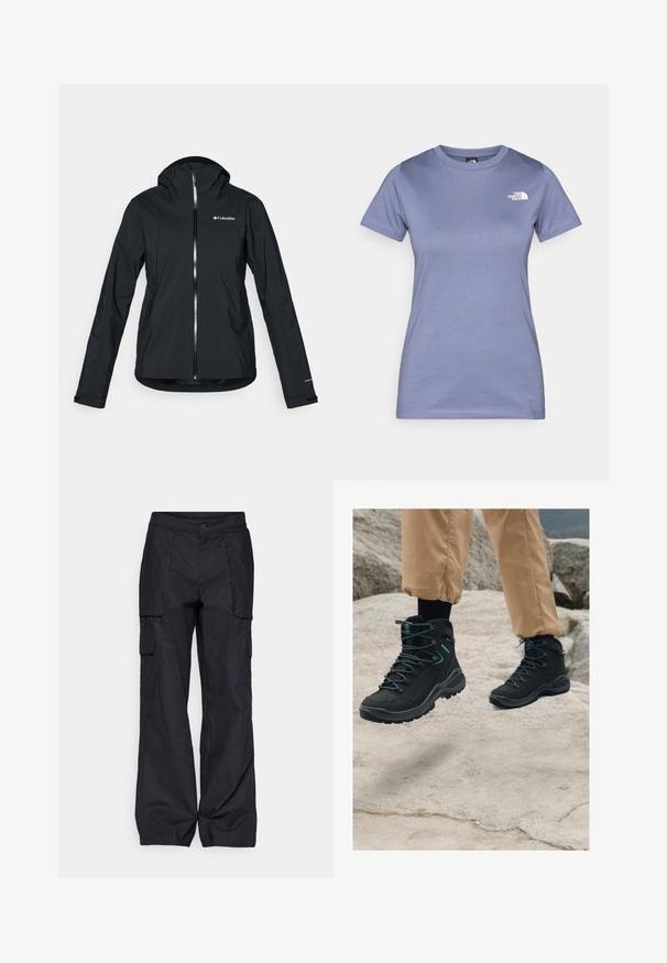Veste noire imperméable avec une fermeture éclair intégrale, capuche attachée et accents réfléchissants. Texture lisse, design minimaliste, arborant le logo Columbia.; T-shirt court à manches courtes de couleur lilas, en coton, avec un col rond et un petit logo blanc sur la poitrine. Texture lisse.; Columbia BREA FALLS™ COTTON RIPSTOP PANT - Pantalons outdoor - black; Bottes de randonnée noires avec un matériau texturé, un design robuste, des détails en bleu et des semelles durables, posées sur un terrain rocheux.